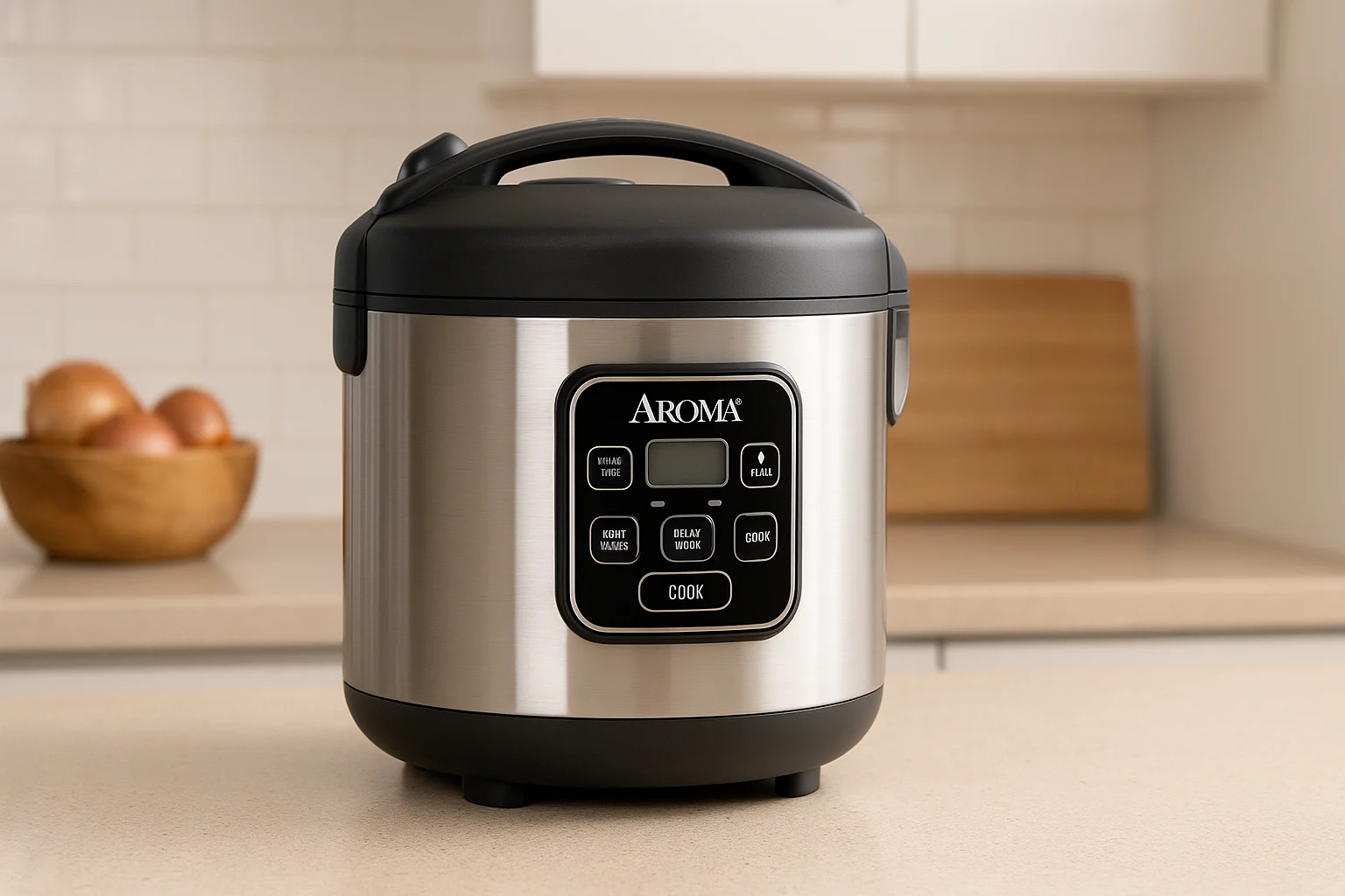 Aroma ARC-914SBD rice cooker on a modern kitchen counter with digital display visible.