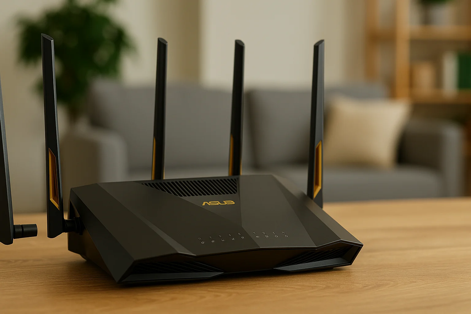Asus RT-AX88U Pro Wi-Fi router with gold accents on a wooden table in a living room setting