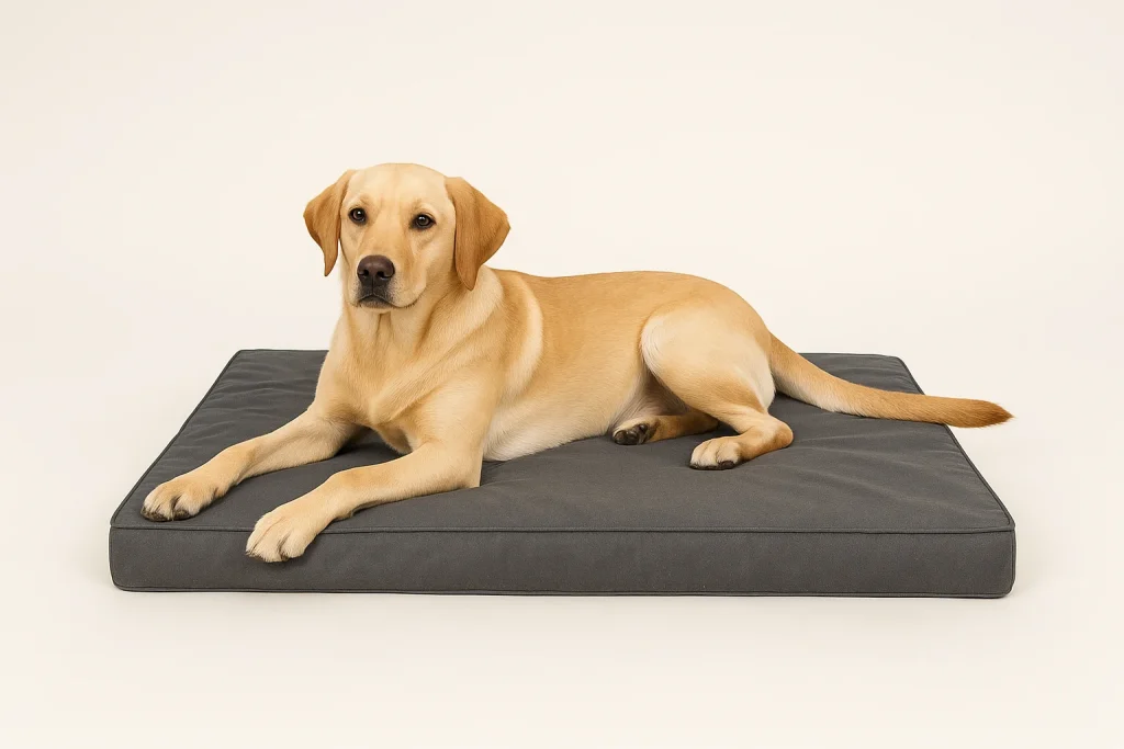 Golden Labrador lying on a washable dark gray dog bed against a neutral background.