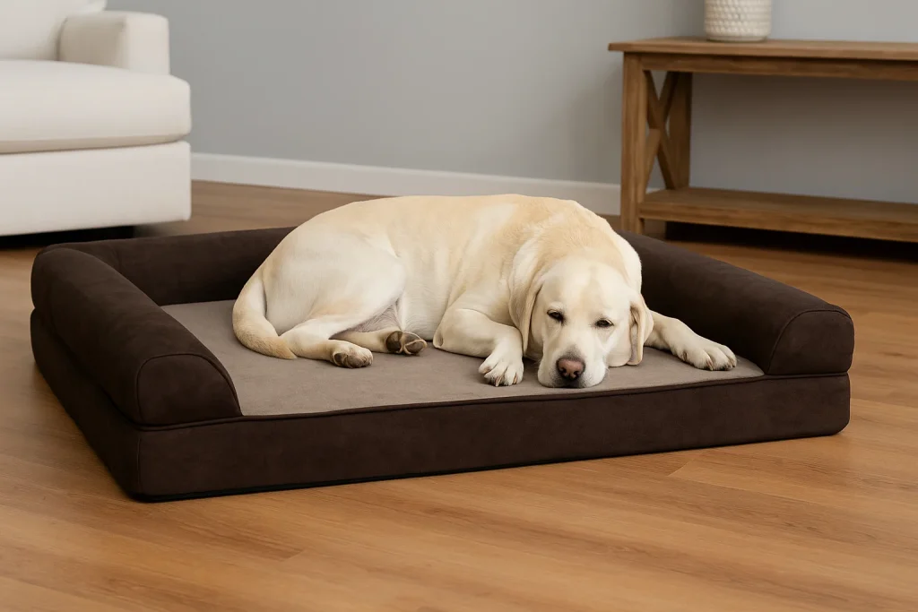 Cream-colored Labrador resting on a brown orthopedic memory foam dog bed in a cozy living room.