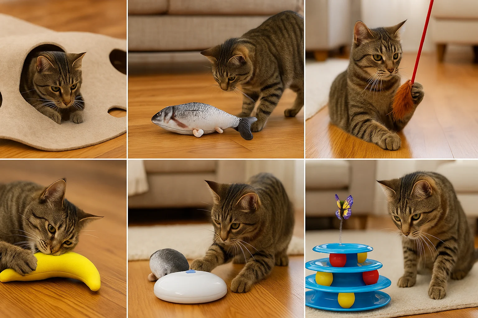 A collage of a tabby cat playing with various toys, including a ripple rug, flopping fish, teaser wand, banana toy, electronic toy, and ball track.