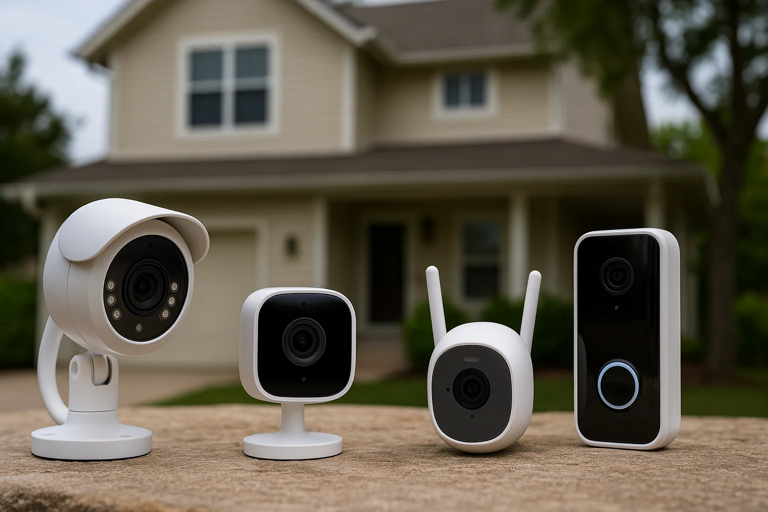 Four white home security cameras displayed in front of a modern suburban house