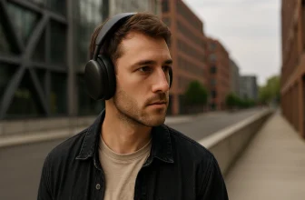 A young man wearing black noise-canceling headphones, standing outdoors in an urban setting, with a focused expression.