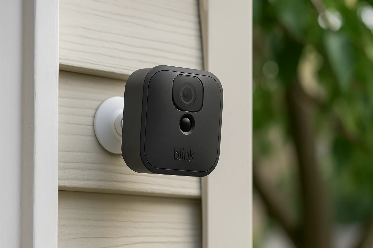 A Blink outdoor security camera mounted on a beige house siding in natural daylight.