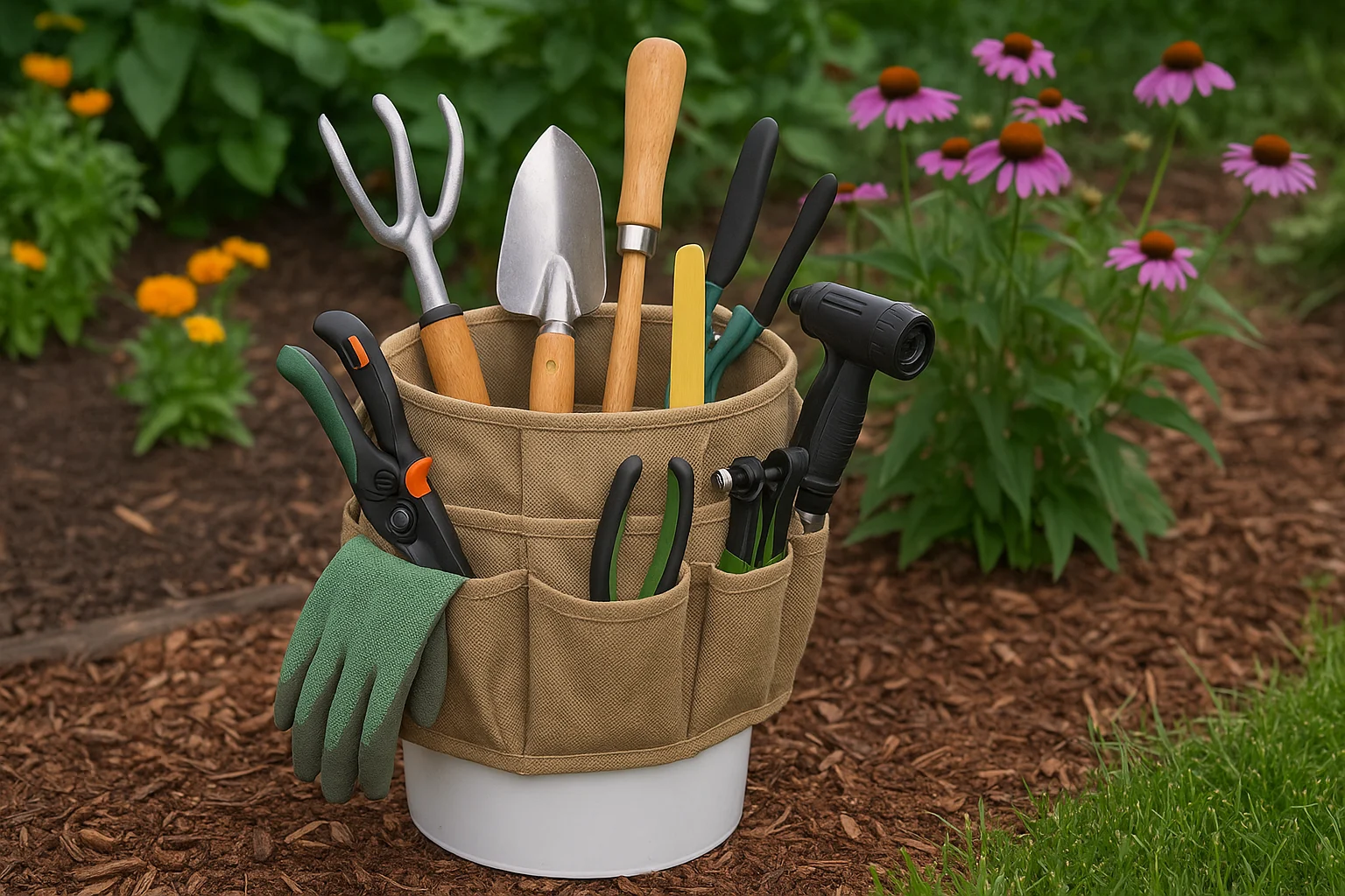 Bucket Boss garden tool organizer holding various gardening tools in a backyard