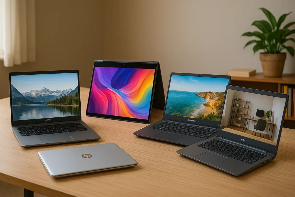 Five budget laptops displayed on a desk in a bright home office setup.
