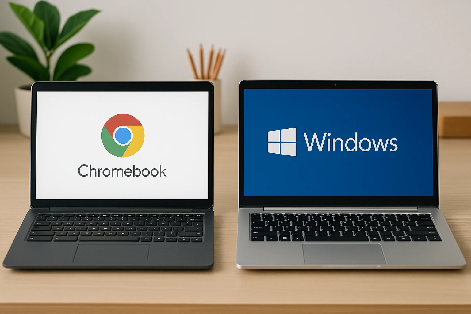 Side-by-side view of a Chromebook and a Windows laptop on a wooden desk.