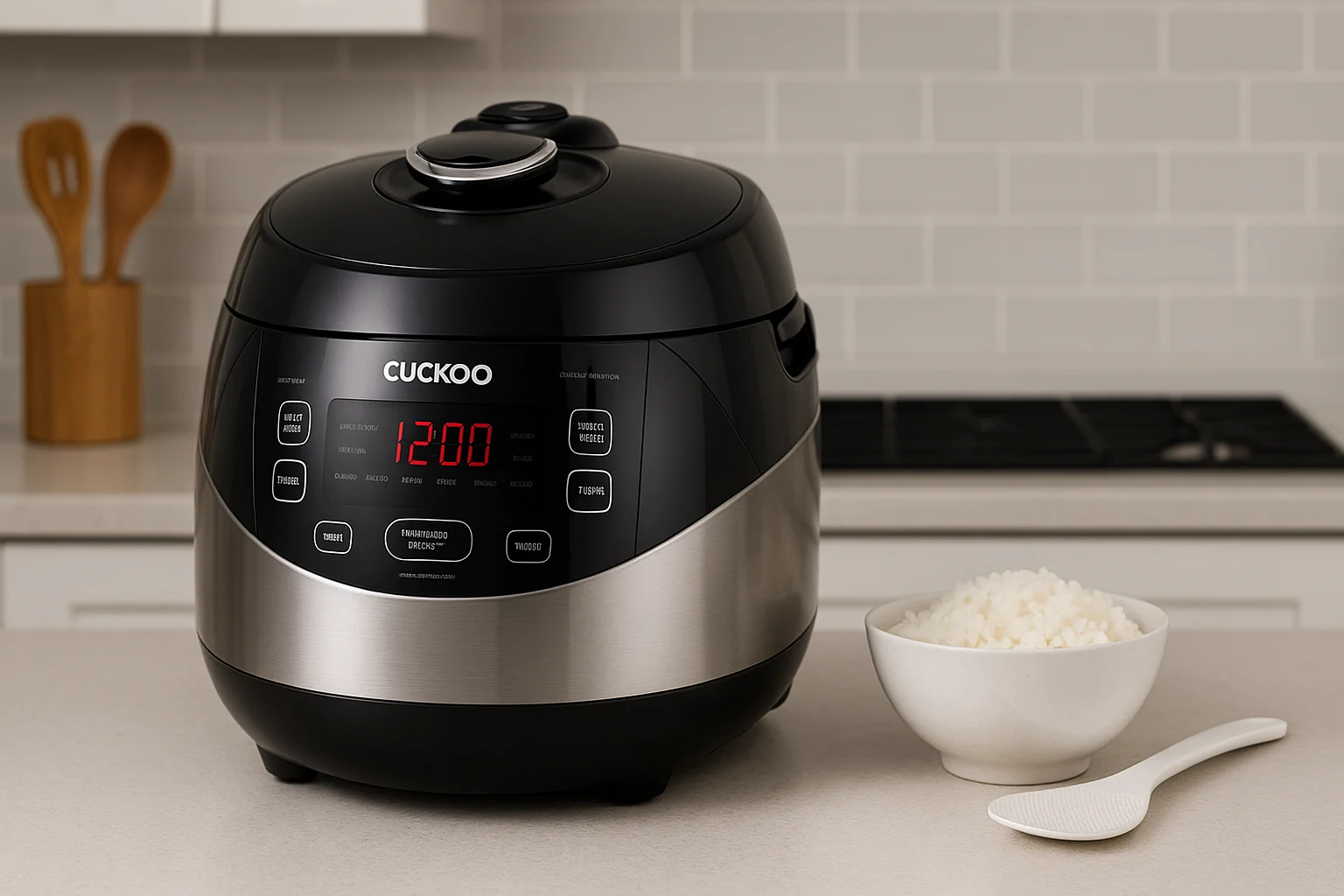 Cuckoo CRP-P1009SB rice cooker on kitchen counter with red digital display and bowl of rice.