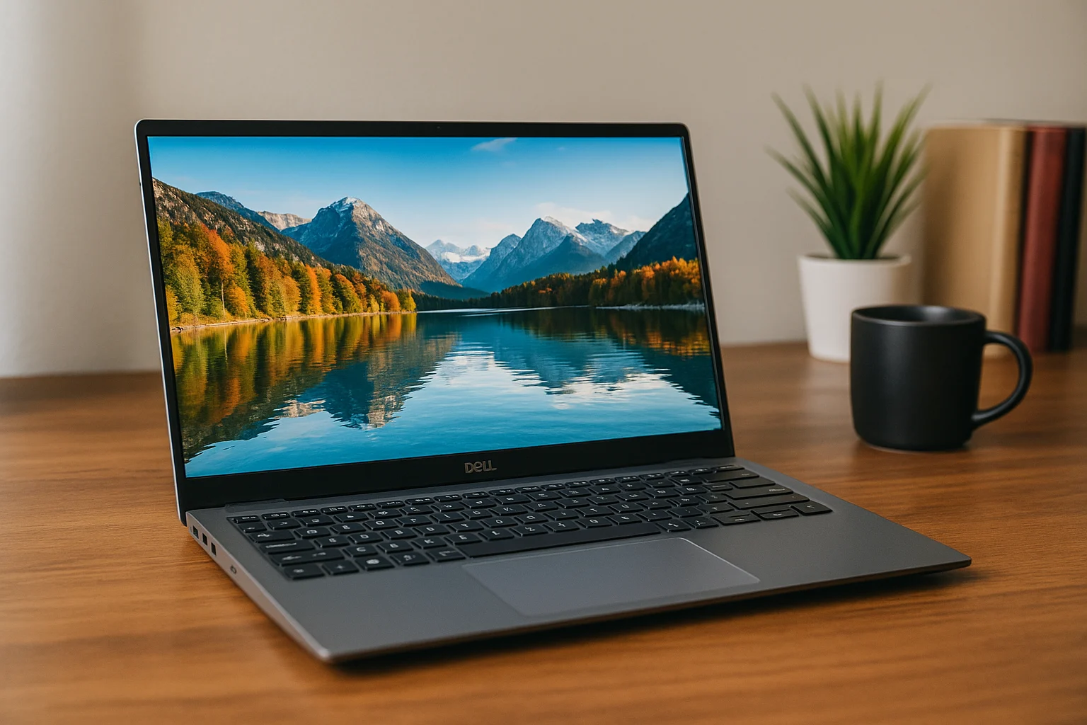 Dell Inspiron 15 laptop on a desk displaying a scenic lake and mountain view.