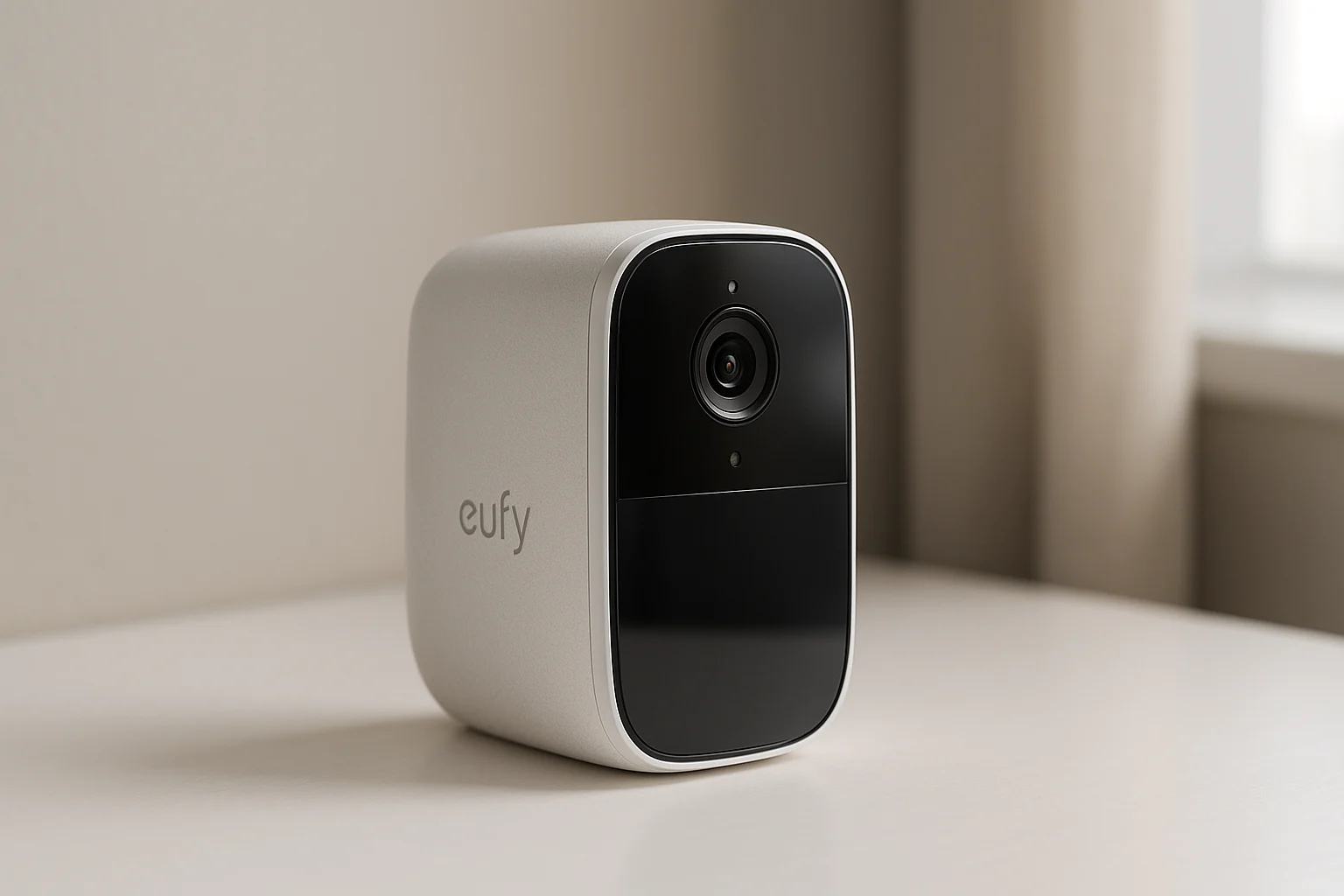 A Eufy wireless outdoor security camera mounted on a modern home exterior wall under daylight.