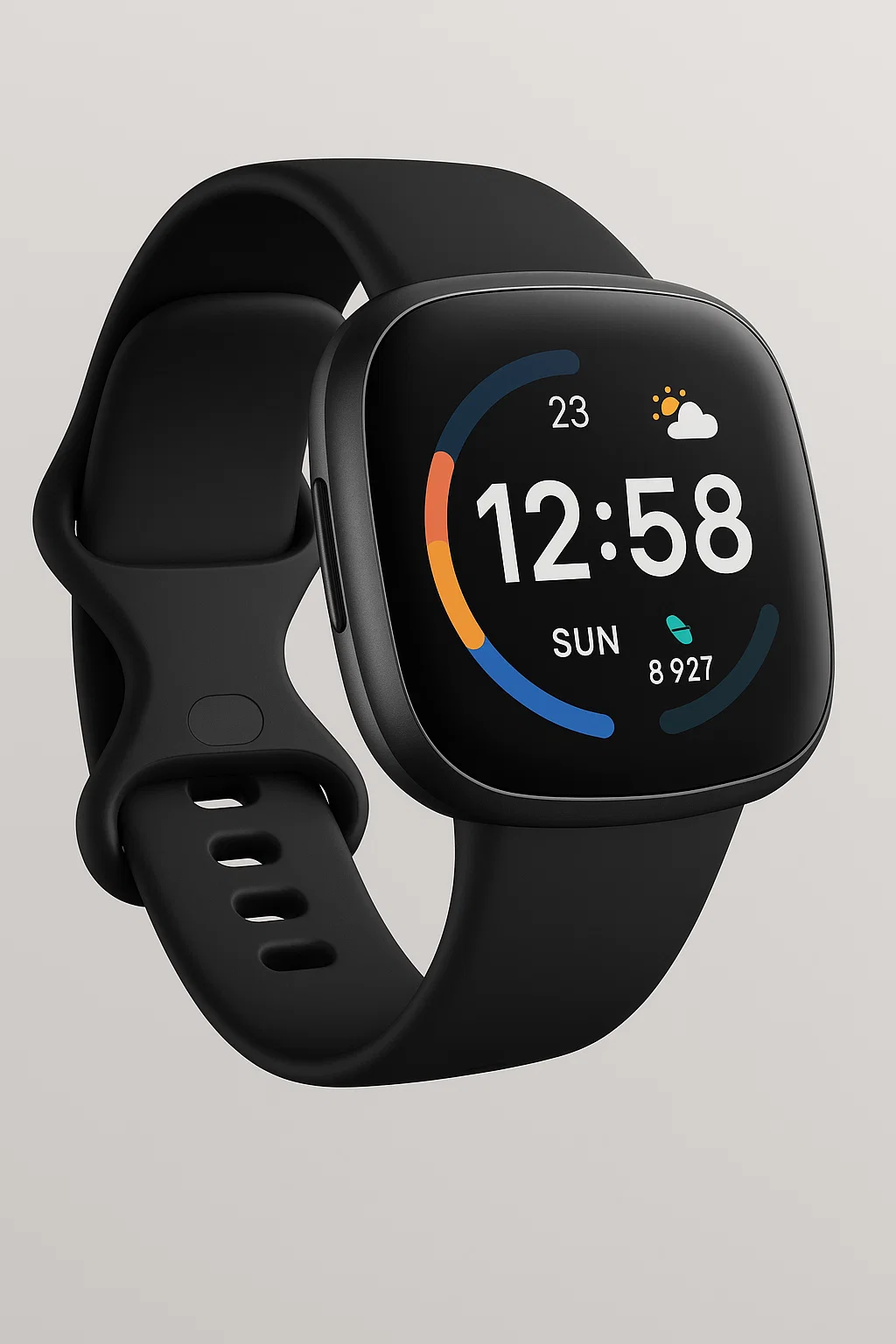 Black smartwatch with a square touchscreen display showing time, date, step count, and weather icon.