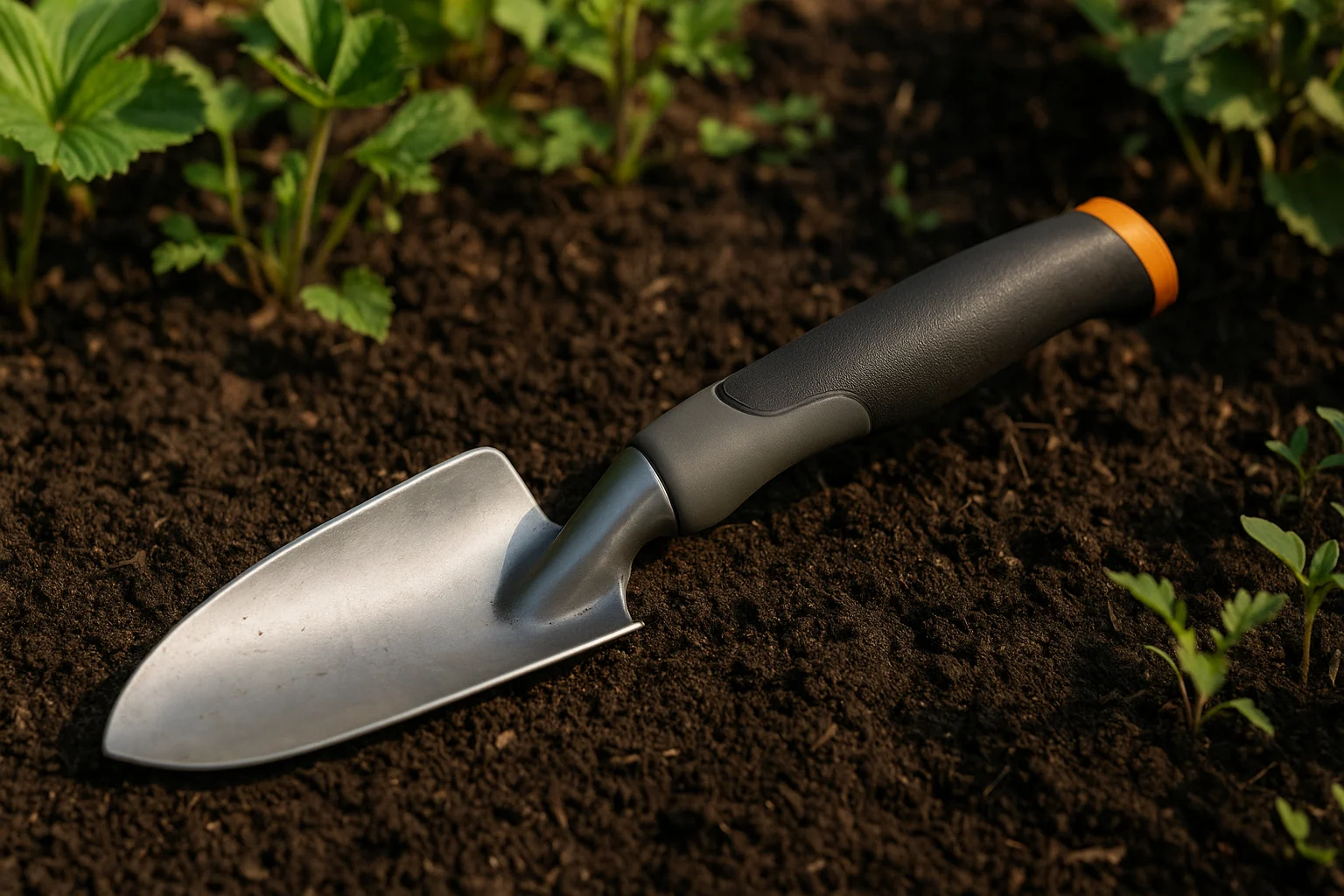Ergonomic hand trowel resting on soil, one of the top home gardening tools 2025