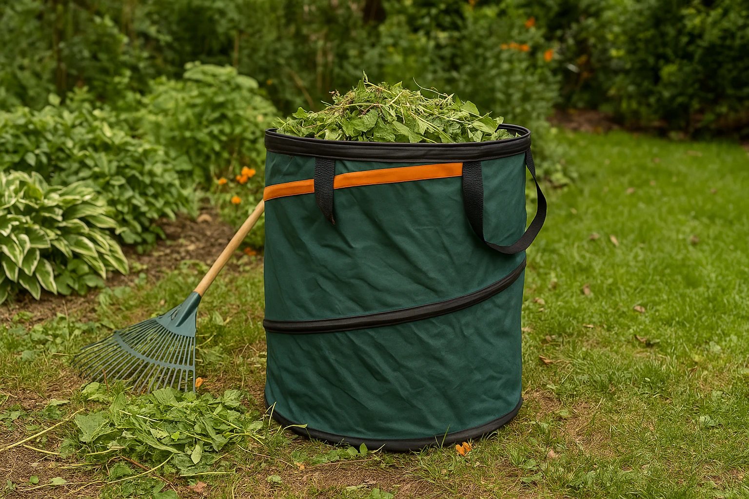 Fiskars garden waste bag standing upright next to a green rake