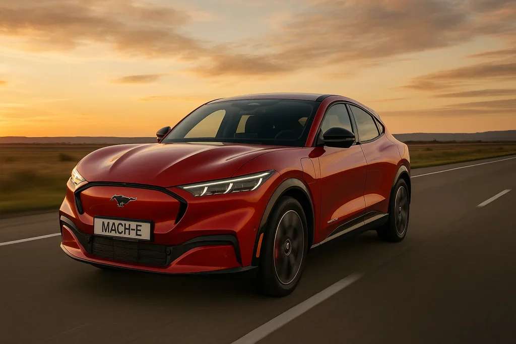 Ford Mustang Mach-E electric SUV featured in a promotional banner
