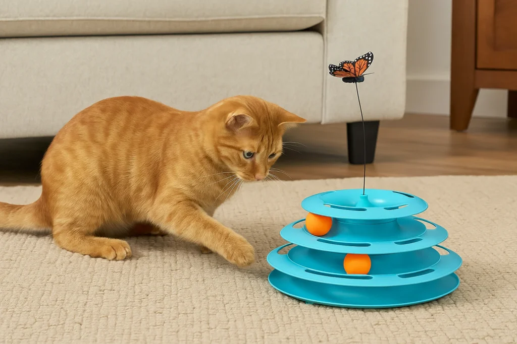 Orange tabby cat playing with a turquoise Frisco Cat Tracks Butterfly Toy on a beige carpet.