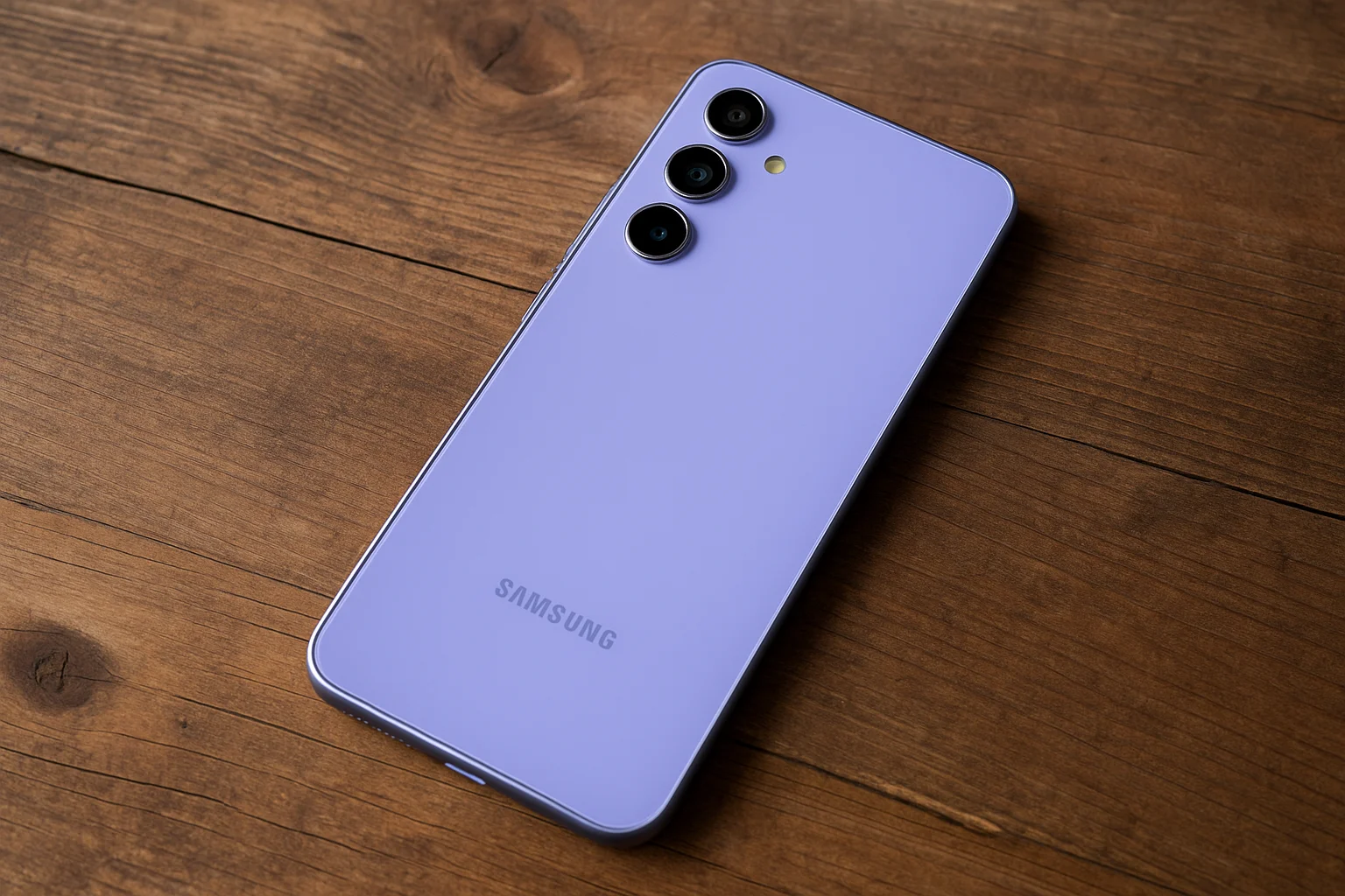 Back view of a Samsung Galaxy A54 in lavender on a rustic wooden surface