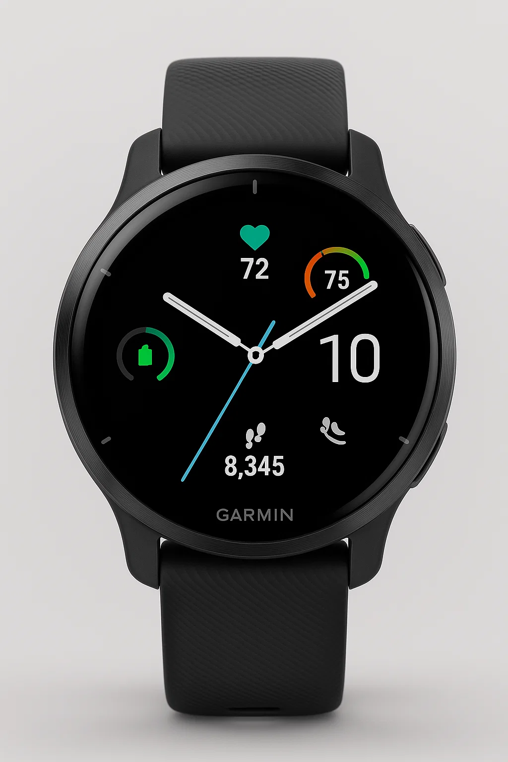 Garmin Venu 3 smartwatch with a silver stainless steel bezel and white silicone band, displaying vibrant health metrics on its round AMOLED screen.
