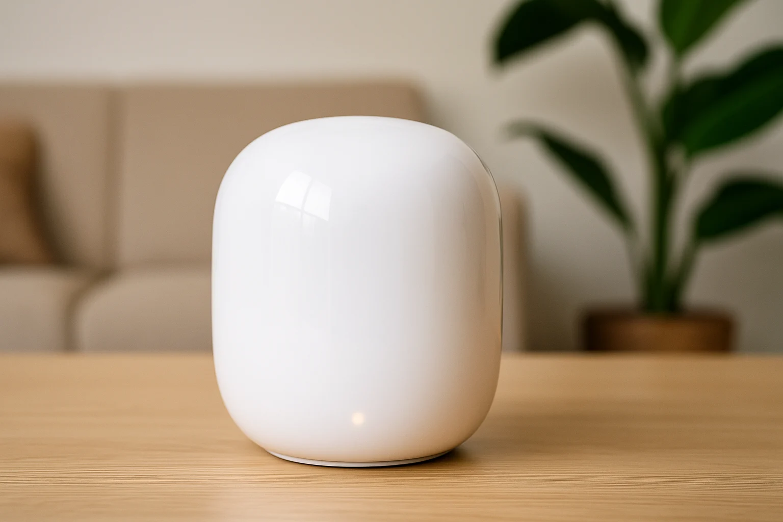 Google Nest WiFi Pro mesh router on a wooden table with a cozy living room background