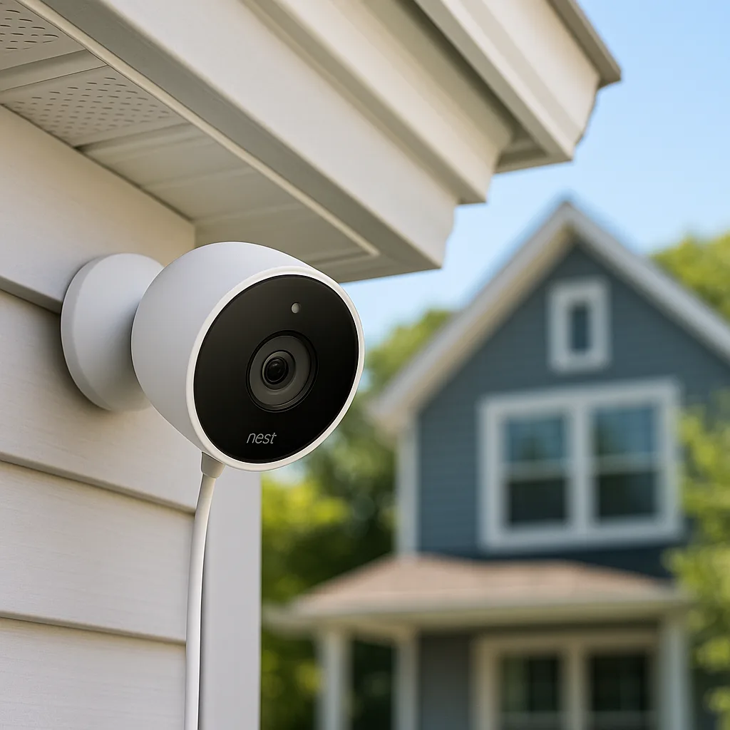 Nest outdoor security camera mounted on a home exterior with another house in the background.