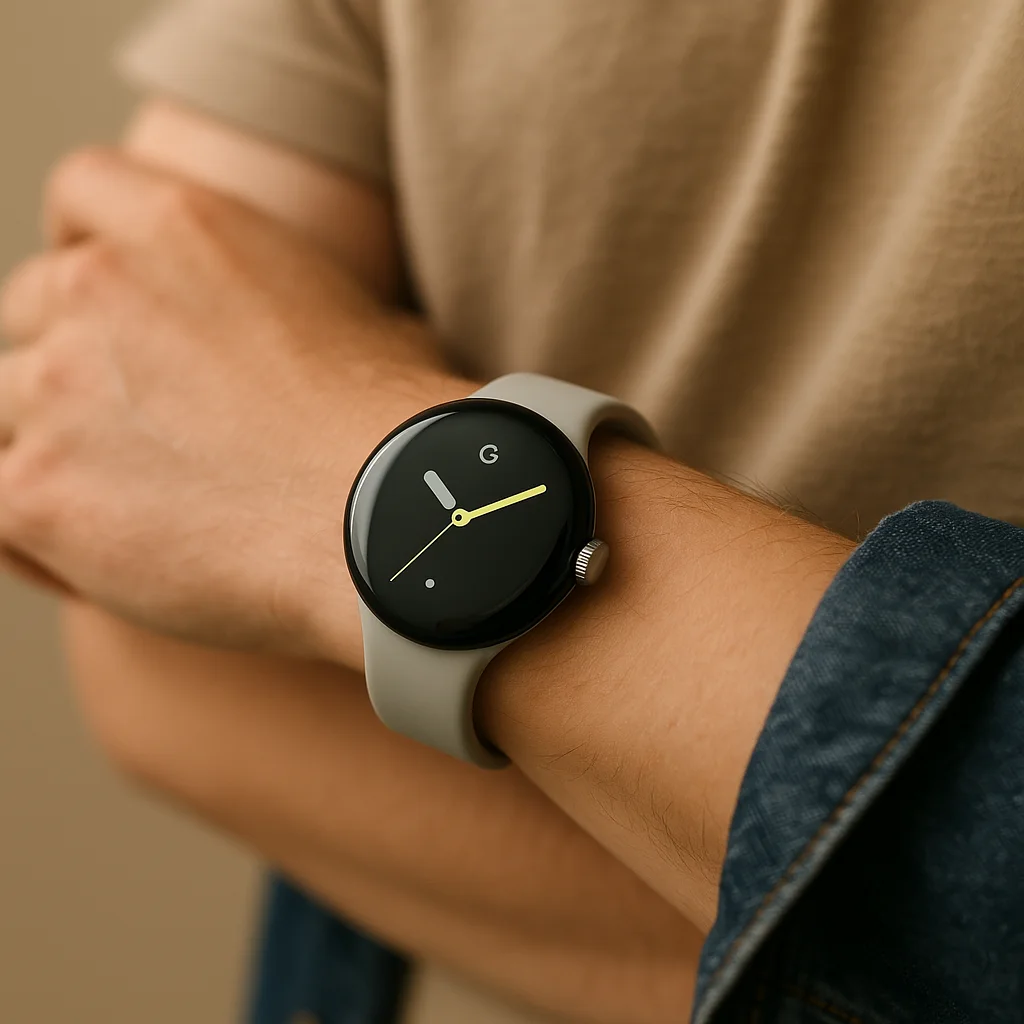 Close-up of a person wearing a Google Pixel Watch 2 with a light gray band on their wrist.