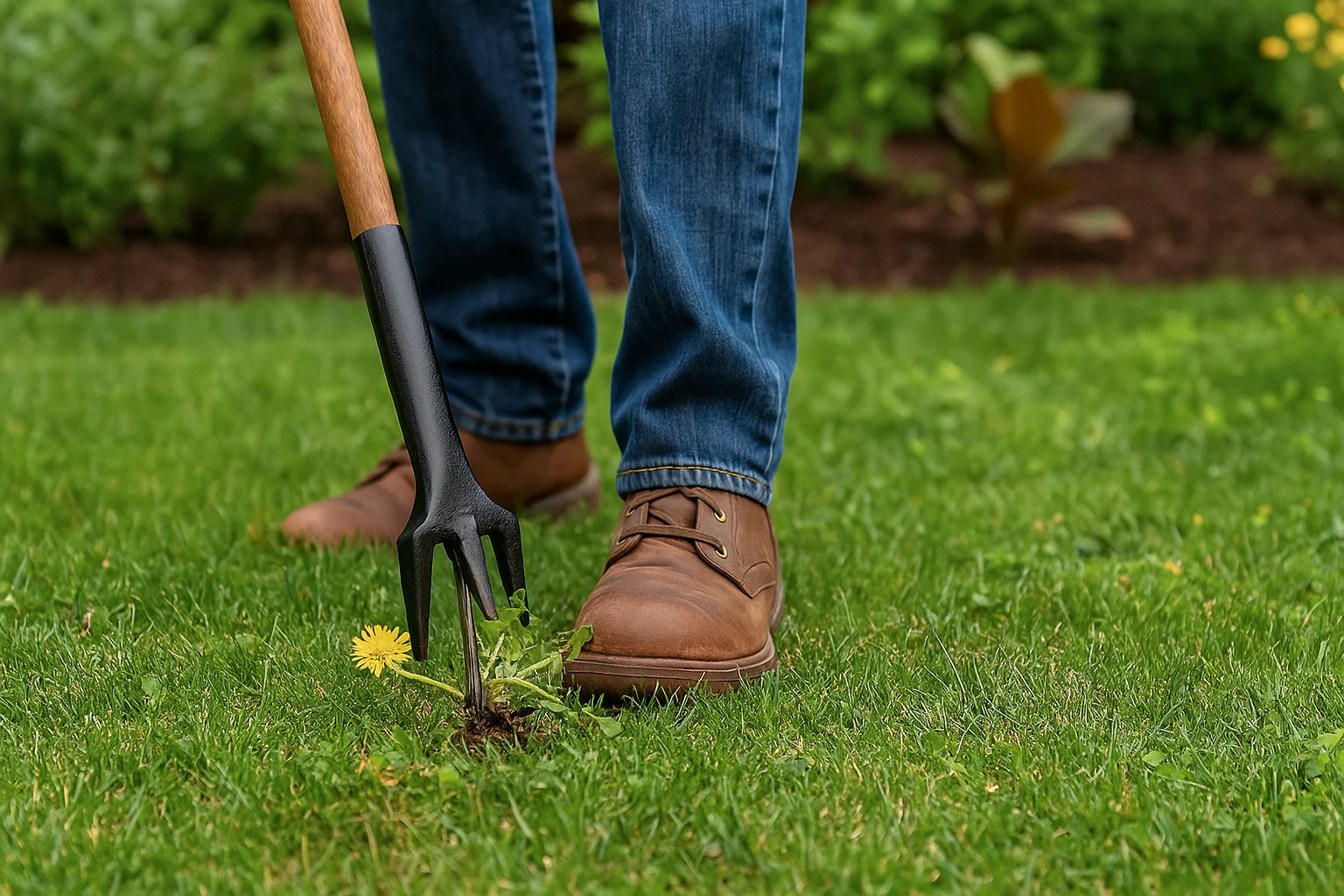 Gardener using Grampa’s Weeder to pull a dandelion from a green lawn