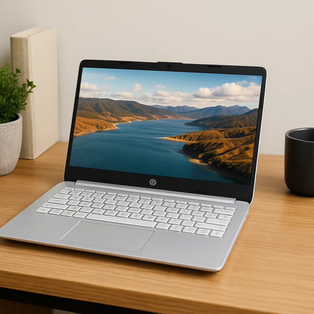 HP 14 compact silver laptop on a wooden desk displaying a coastal landscape.