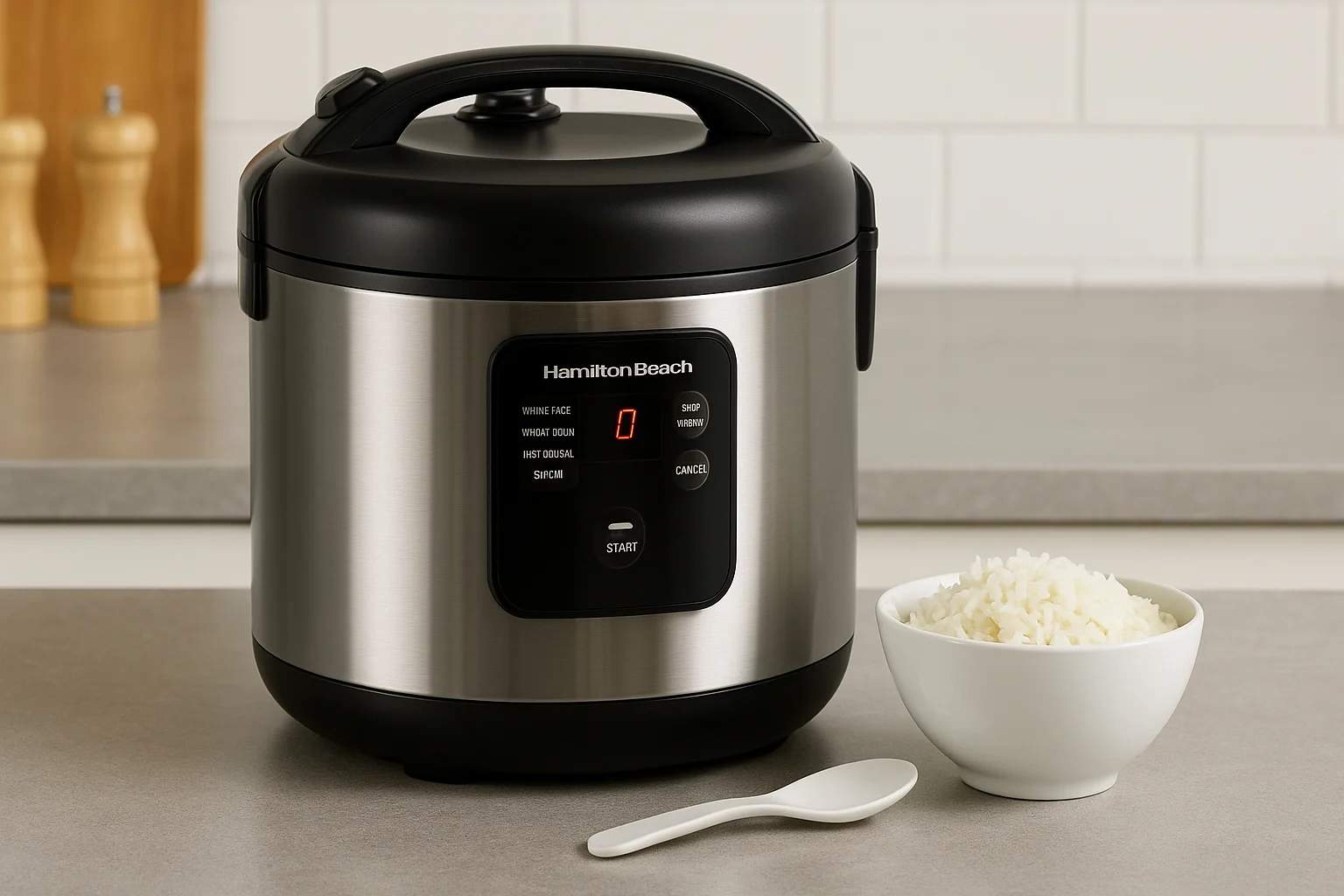 Hamilton Beach 37518 rice cooker on kitchen counter with cooked rice and spoon beside it.
