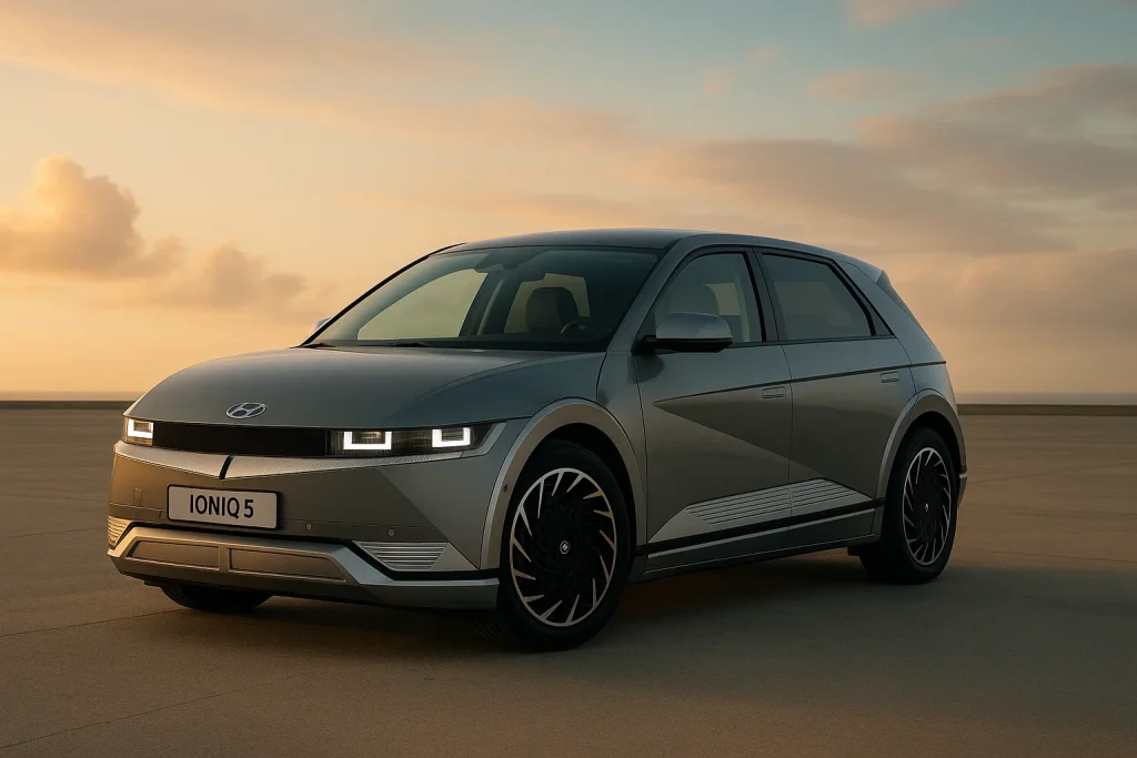 Hyundai Ioniq 5 all-electric crossover in a futuristic banner display