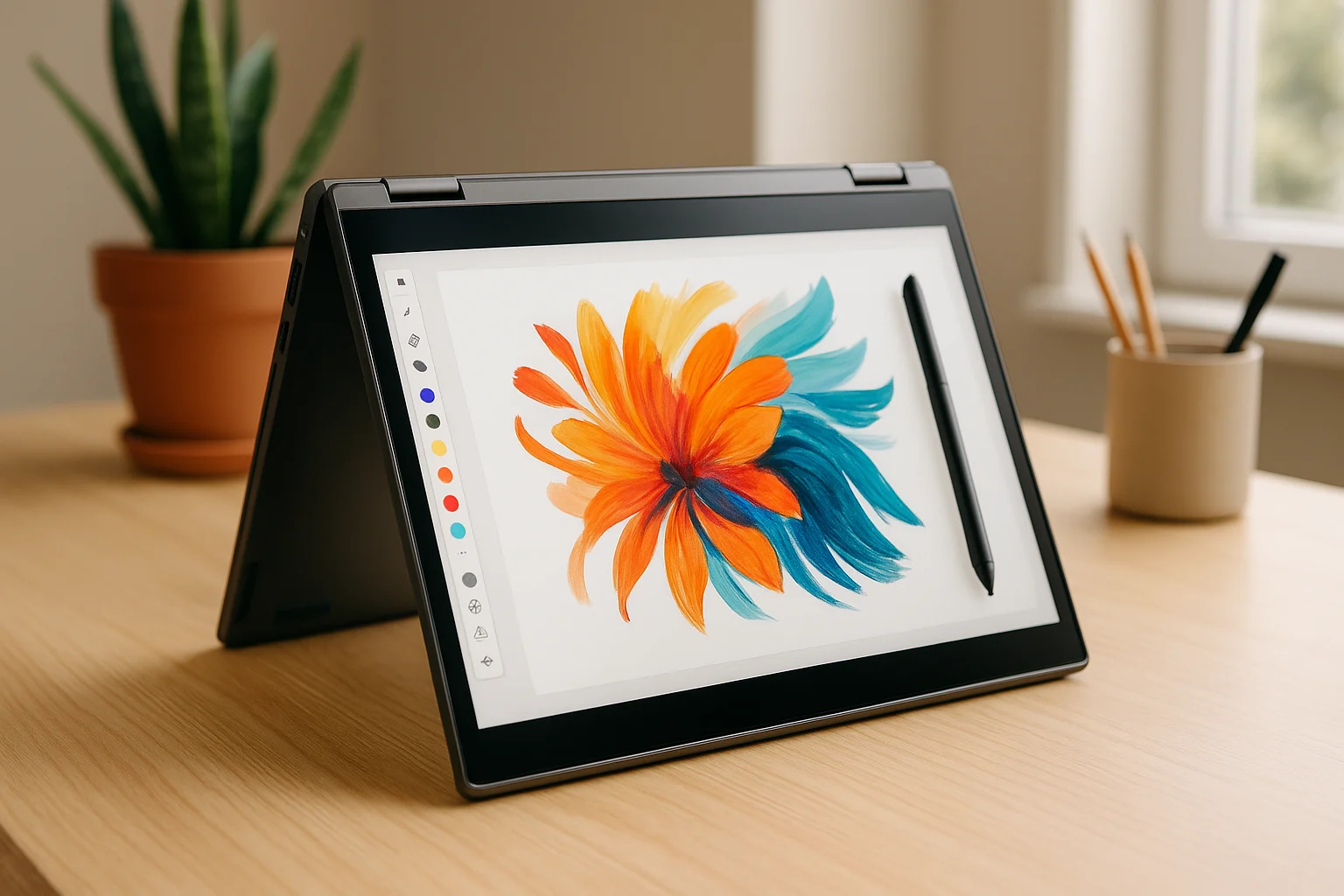 Lenovo IdeaPad Flex 5 in tent mode with digital artwork on screen and stylus nearby.