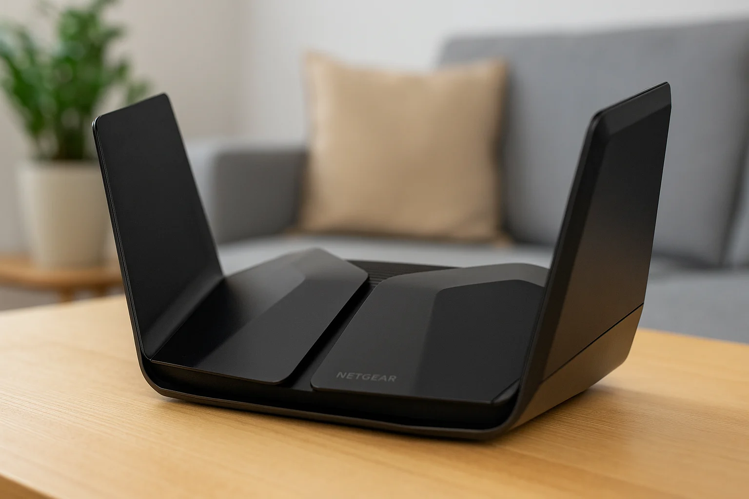 Netgear Nighthawk RAXE500 Wi-Fi 6E router placed on a wooden table with a blurred living room background