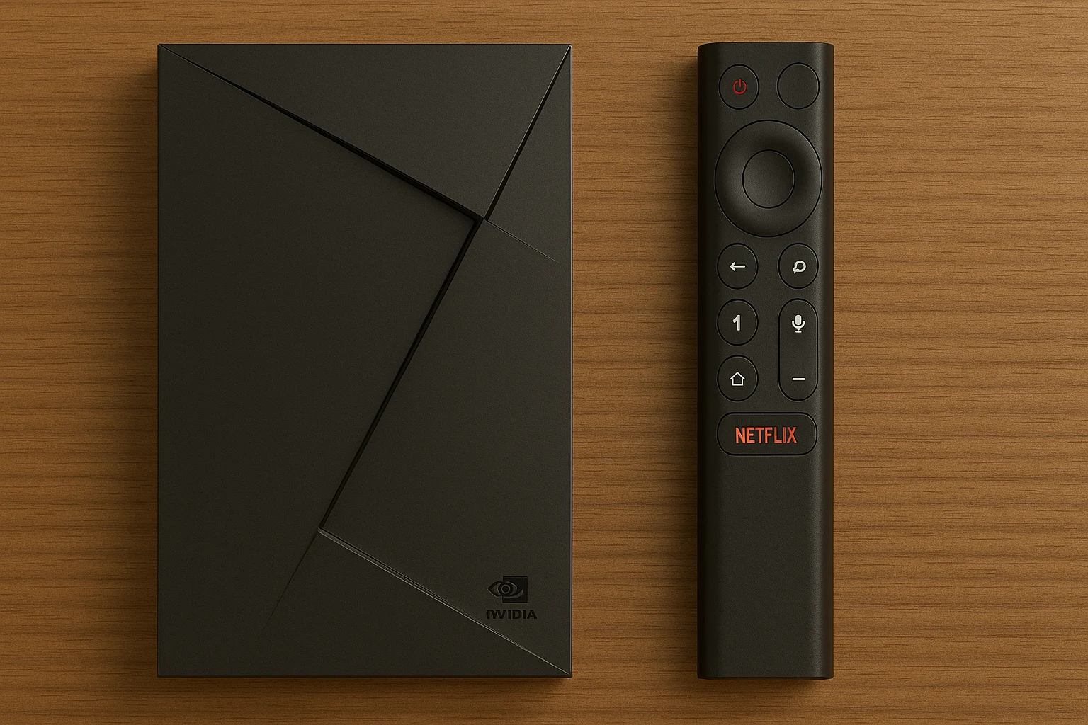 NVIDIA SHIELD TV Pro and remote control placed on a wooden tabletop.