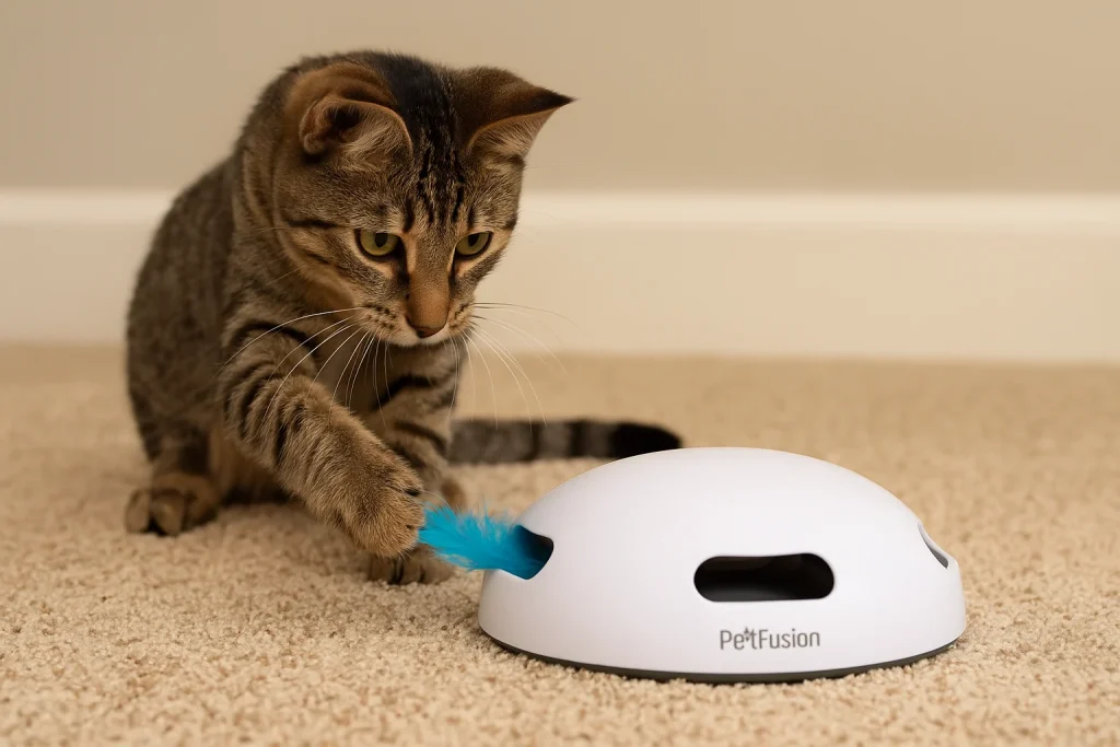 Tabby cat focused on a blue feather emerging from the PetFusion Ambush Interactive Cat Toy on a beige carpet.