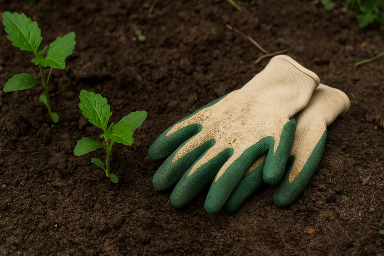 Gardening gloves with bamboo fabric on garden soil
