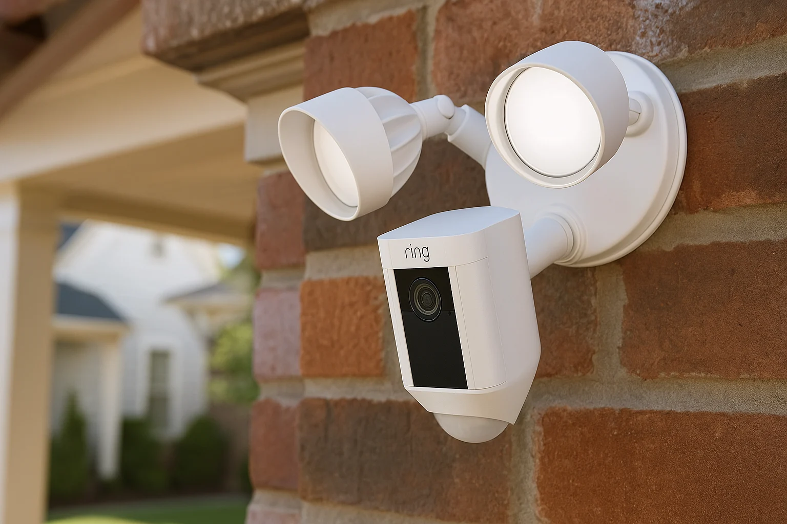 Ring floodlight security camera mounted on a red-brick wall outside a suburban home in daylight.