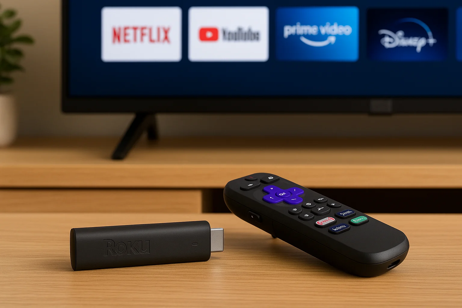 Roku Streaming Stick 4K and remote on a wooden TV stand with a smart TV in the background