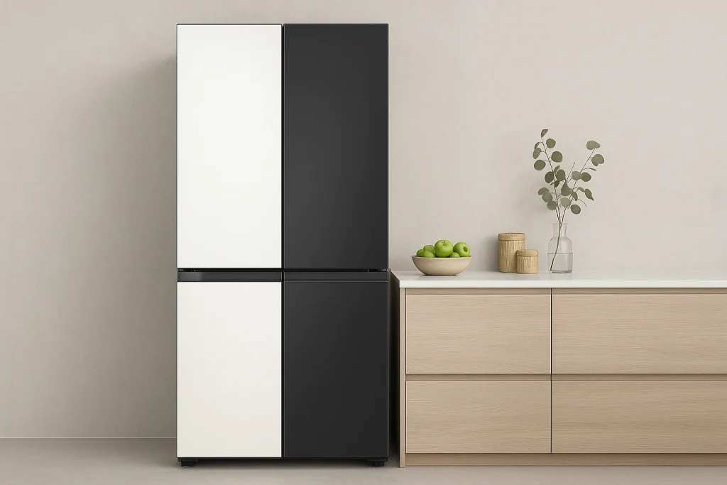 Full view of Samsung Bespoke 4-Door Flex Refrigerator in a modern kitchen setting.