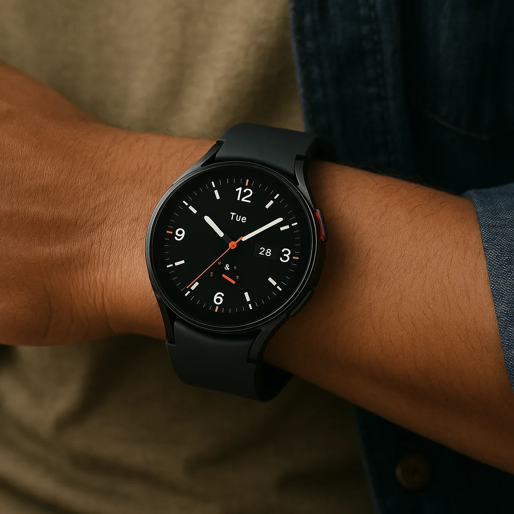 Close-up of a person wearing a black Samsung Galaxy Watch6 on their wrist.