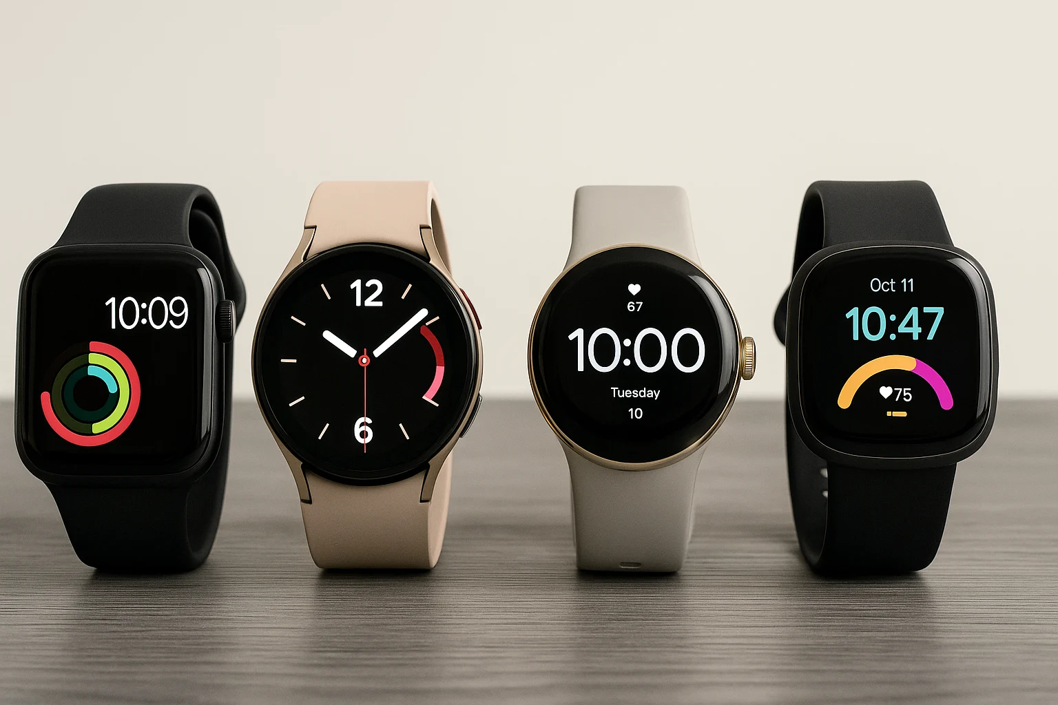 A digital photograph displays four smartwatches from Apple, Samsung, Google, and Fitbit placed on a wooden surface against a neutral background.