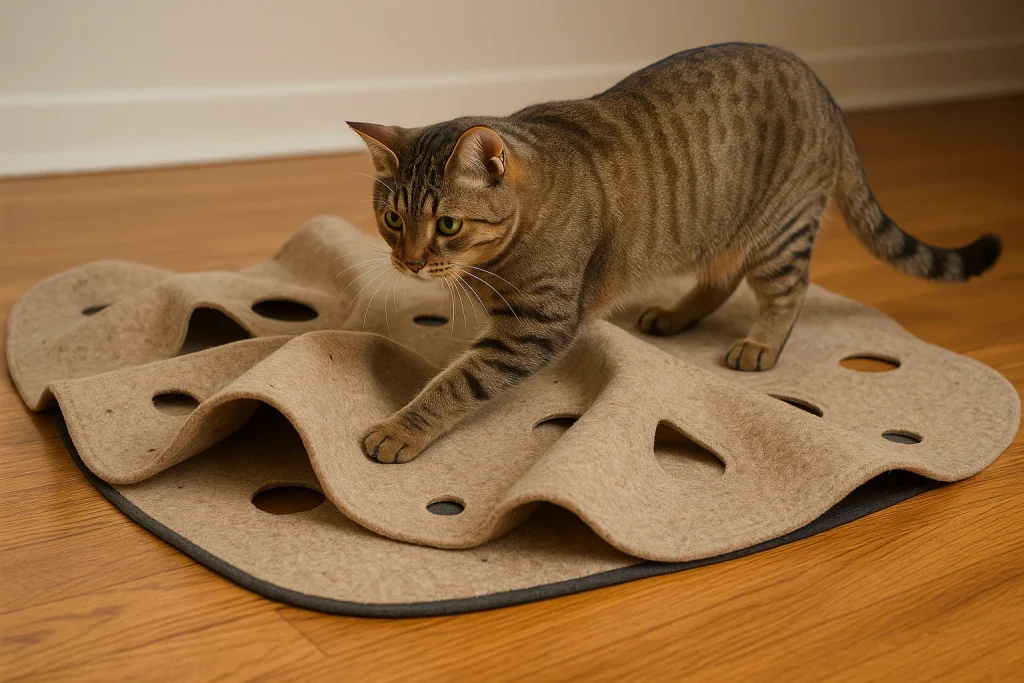 Tabby cat playing on a beige SnugglyCat Ripple Rug with cutout holes on a wooden floor.