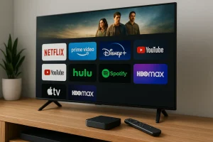 Modern TV setup with streaming device and remote on wooden console displaying popular streaming apps