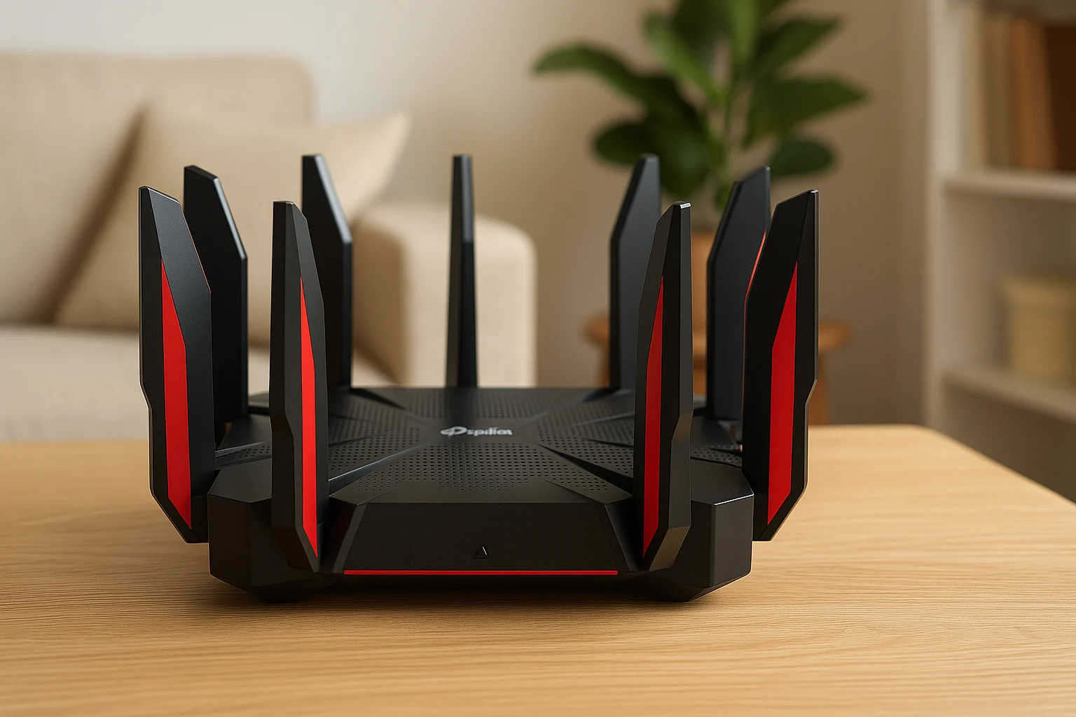 TP-Link Archer AX11000 tri-band gaming router on a wooden table in a home setting