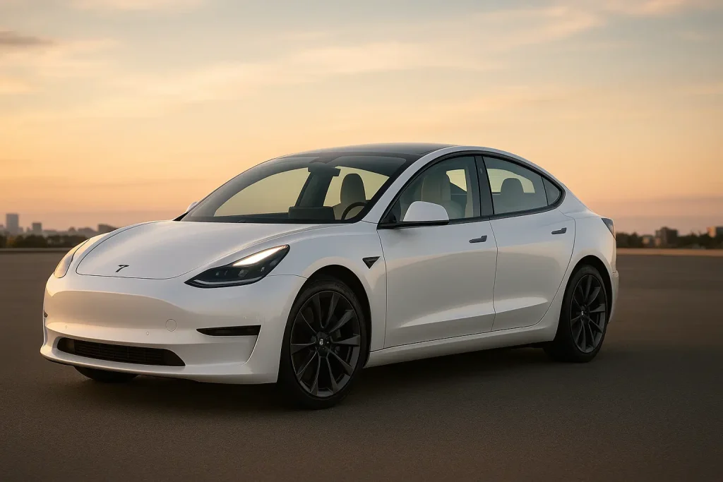Tesla Model 3 electric car in a sleek design driving on a road