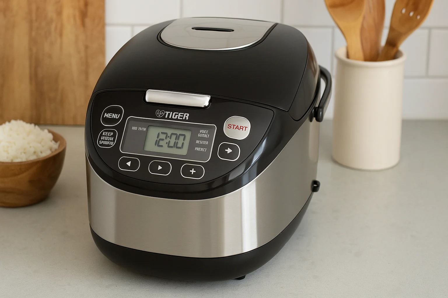 Tiger JAX-T10U-K rice cooker on a modern kitchen countertop with digital display and accessories nearby.