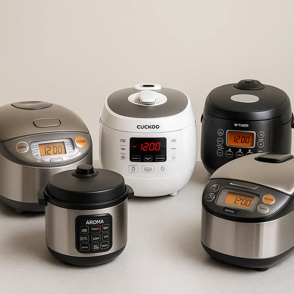 Five modern rice cookers from top brands—Zojirushi, Cuckoo, Tiger, Aroma, and Hamilton Beach—arranged on a neutral countertop with clean, soft lighting.