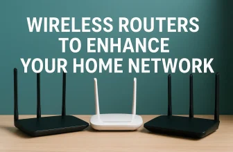 Modern wireless routers on a wooden surface with a teal background