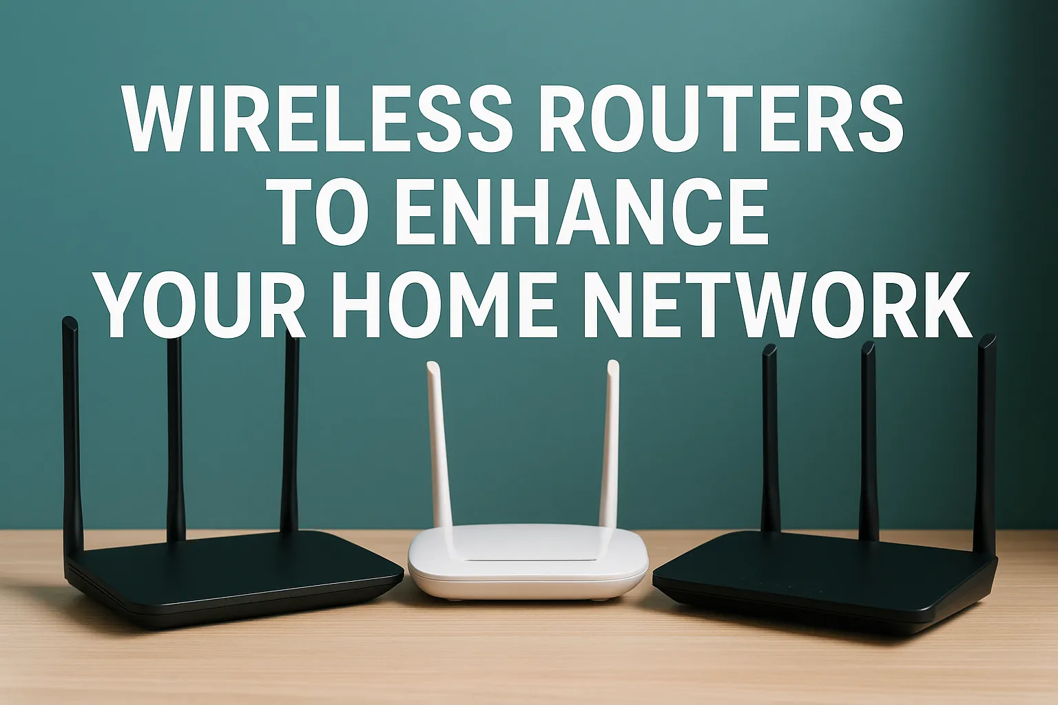 Modern wireless routers on a wooden surface with a teal background