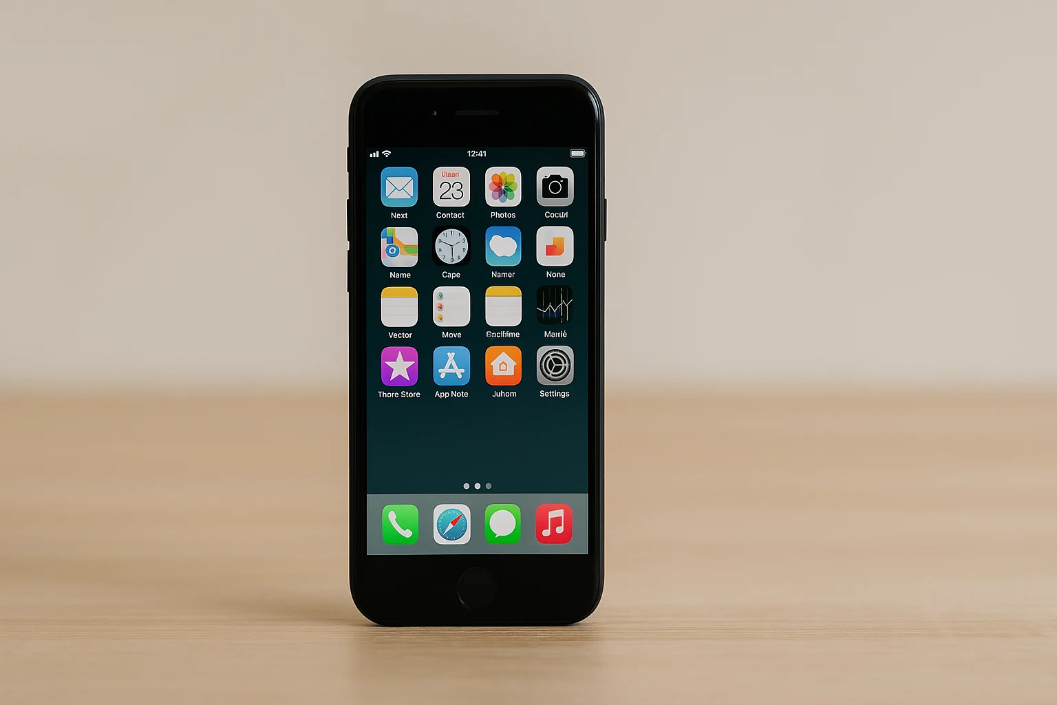 Close-up of a black smartphone displaying a home screen with various colorful app icons and a round home button.