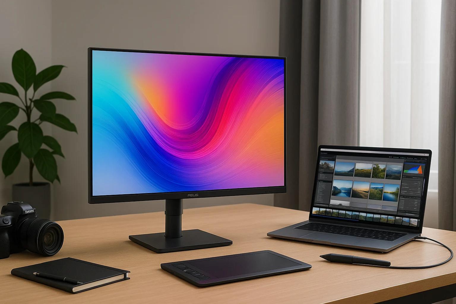 ASUS ProArt Display PA278CV monitor setup for creators with vibrant screen and creative workspace.