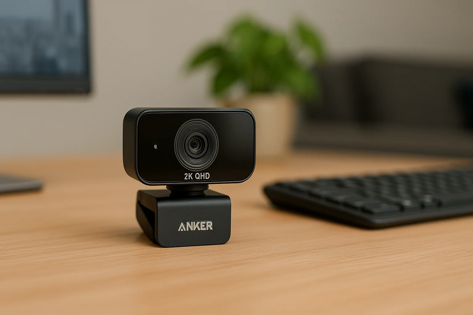 Anker C200 webcam shown near a plant and monitor in a cozy office. (Let the visual context speak; no need to force “best webcam”)