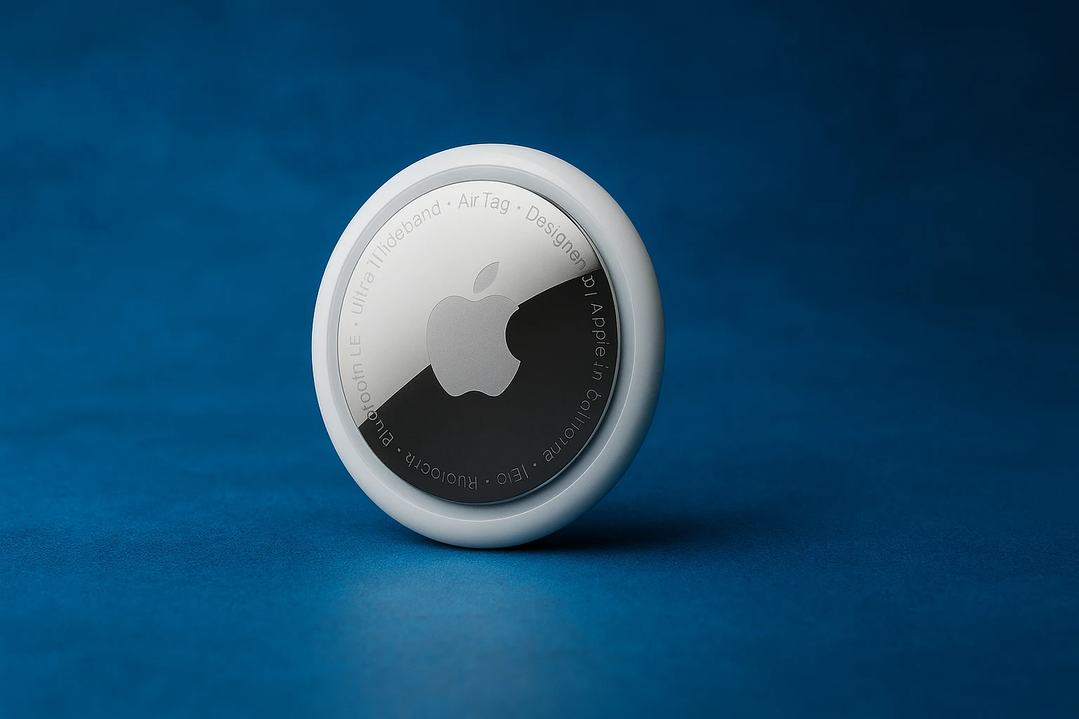 Apple AirTag close-up on a vibrant blue background, showing the metallic Apple logo and circular design.